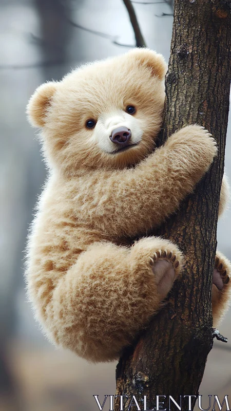 Fluffy baby bear clinging to tree in soft forest light.