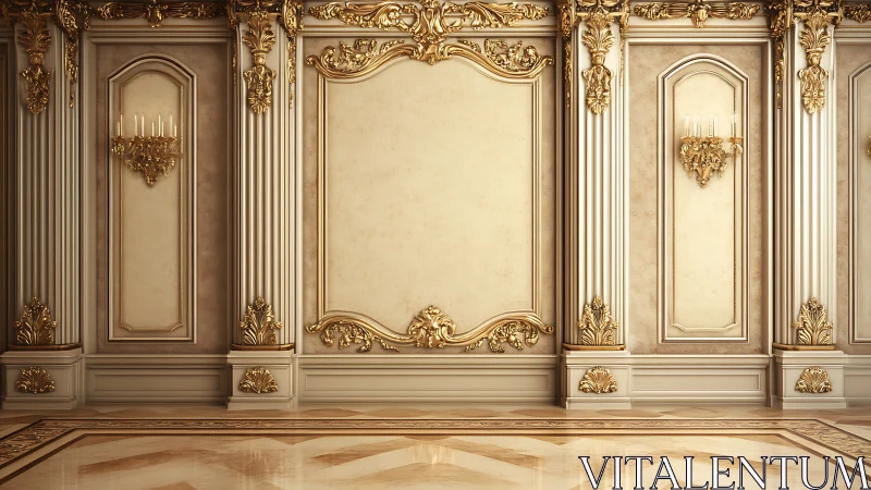 Interior wall shows ornate neoclassical panels with gilded detail