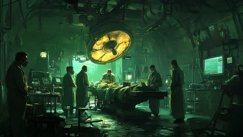 Shadowy underground surgery lit by a single glowing lamp.