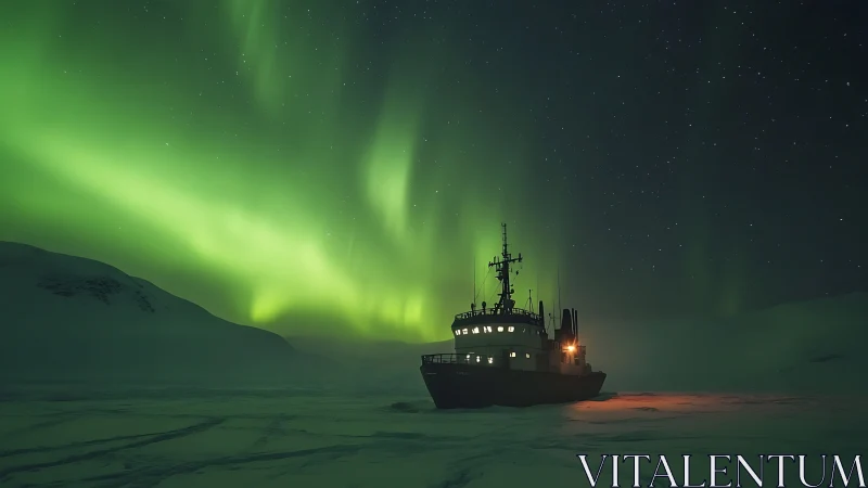 Icebreaker cuts frozen sea under vivid arctic aurora veil.
