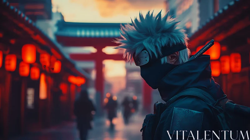 Masked figure with spiky hair walks through lantern lit street
