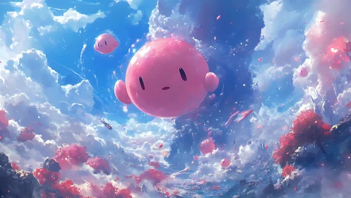 Surreal sky of floating pink orbs in luminous cloudscape.