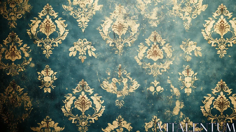 Aged teal damask wallpaper shows ornate gold flourishes.