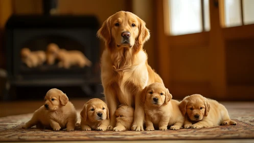 Photorealistic golden retriever family in warm interior portrait.