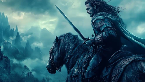 Lone armored rider gazing over misty fantasy highlands.