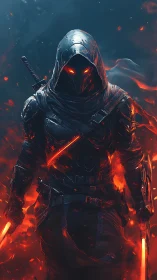 Hooded armored warrior with glowing blades stands in flames