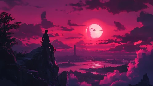 Solitary swordbearer on cliff at crimson lunar sunset