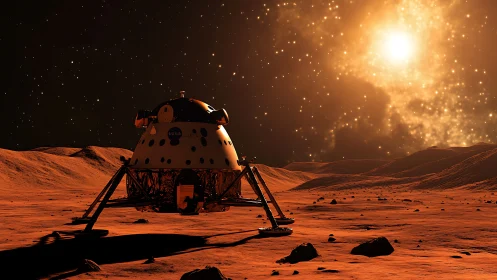 Mars lander module under radiant stellar nebula glow.