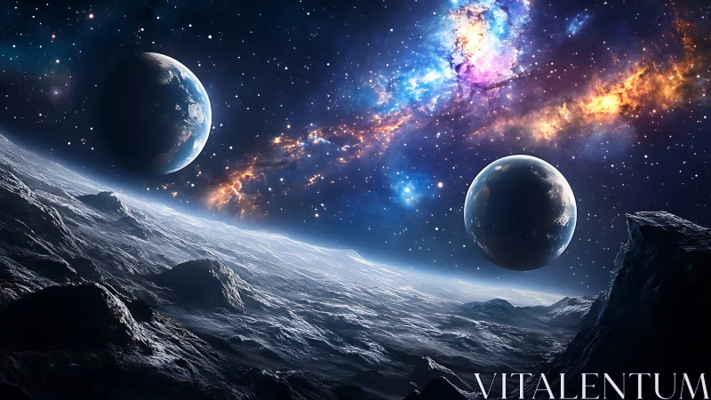 Rocky exoplanet landscape with twin planets and nebula sky.