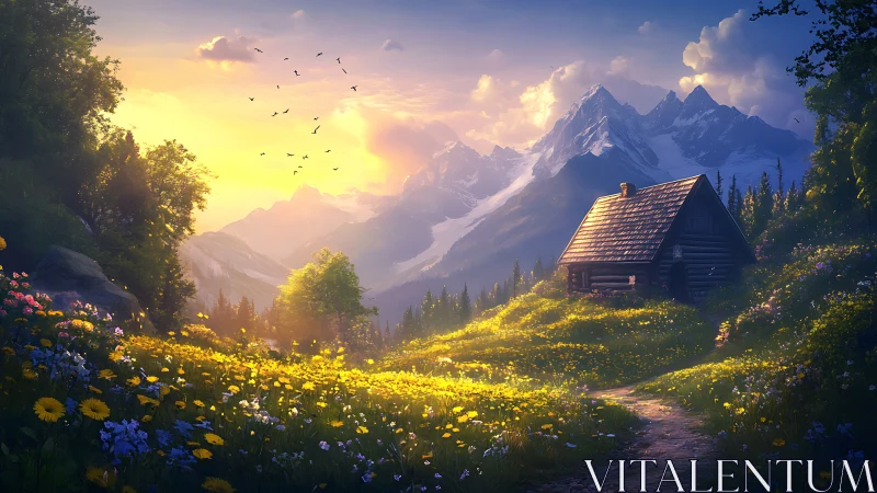 Sunlit mountain cabin amid glowing wildflower meadows at dusk.