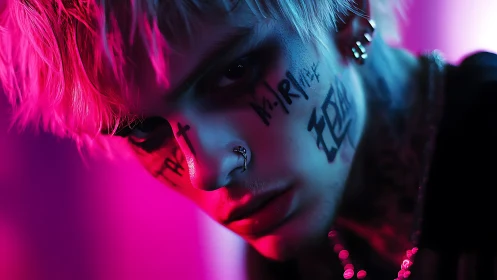 Neon-lit cyberpunk portrait of pierced youth with face script