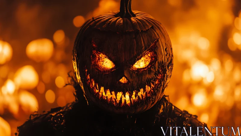 Flaming jack o lantern monster with blazing carved grin.