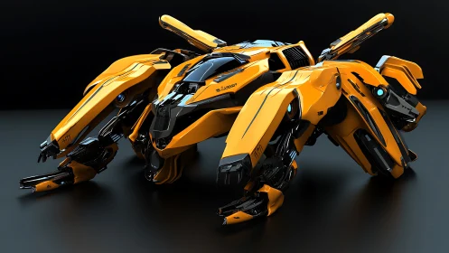 Yellow quadruped combat mech on dark reflective studio