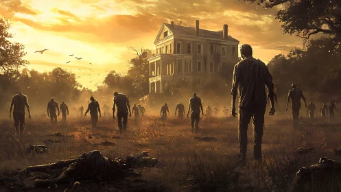 Haunting sunset stroll toward a lonely, crumbling mansion.