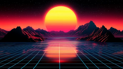 Neon sunset over grid horizon with retro-futuristic peaks.