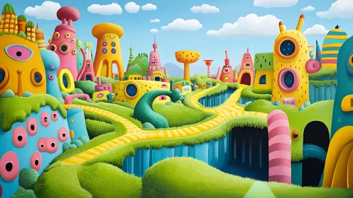 Chromatic alien cityscape rendered in playful digital surrealism