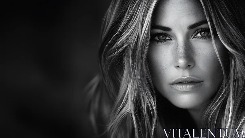 Intense closeup portrait of a woman in black and white.