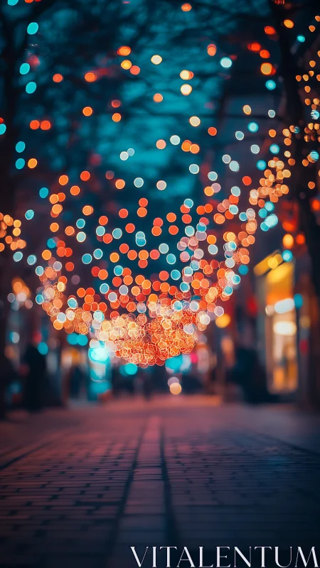 City street bokeh lights glow over dusk pedestrian path.