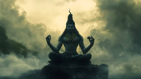 Stormlit meditative deity rendered with volumetric atmospheric depth