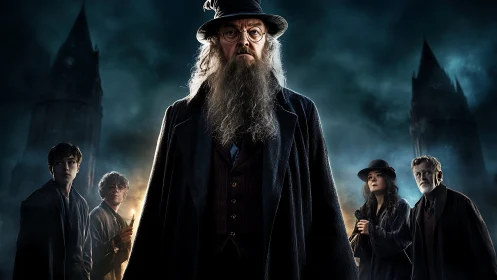 Brooding wizard leader before stormy gothic towers at night.