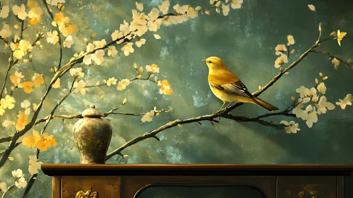 Golden songbird rests on blossom branch above antique urn.
