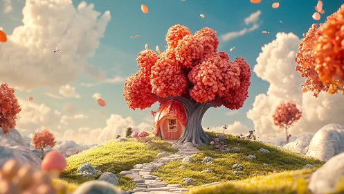 Tree-roofed small house on grassy hill under clouded sky.