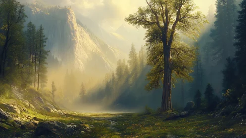 Valley landscape with light rays, mountains, and tall trees.
