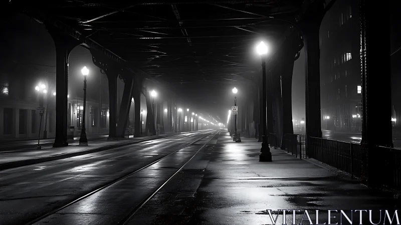 Quiet city bridge glows softly under misty midnight streetlights