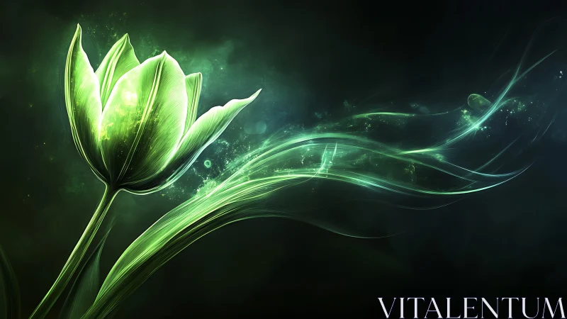 Glowing green tulip with flowing abstract light trails.