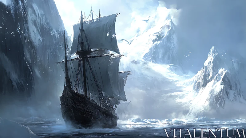 Icebound galleon cuts through towering polar glaciers.