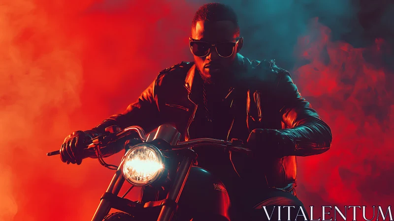 Backlit motorcyclist in red cyan cinematic smoke lighting
