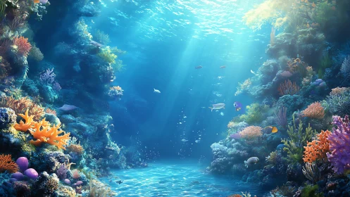 Digital painting of sunlit coral reef canyon environment.