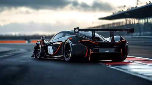 Sunset-lit race car waits poised on a slick modern track
