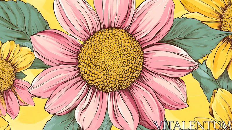 Pink and Yellow Floral Composition with Textured Petals and Foliage.