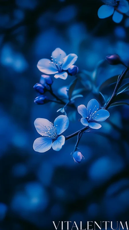 Blue flowers with delicate petals on botanical branch.