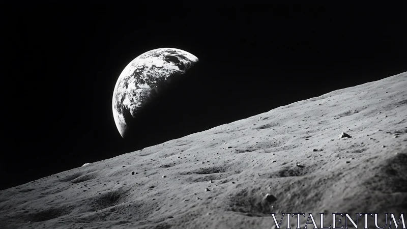 Earth rising above lunar horizon in stark black space.