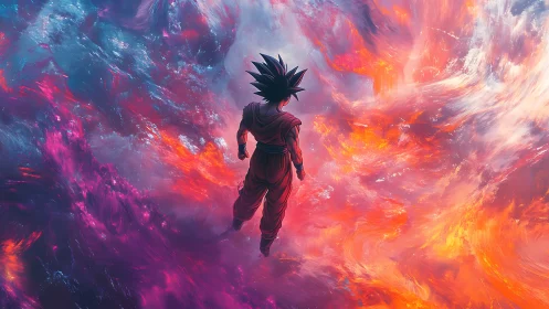 Saiyan warrior strides through luminous cosmic storm.