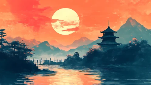 Pagoda by lake under large sun in vivid orange sky.