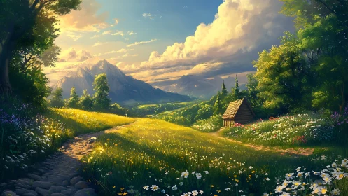 Golden mountain meadow glows beneath dramatic summer skies