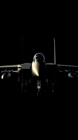 Front-lit jet fighter rendered with high-contrast cinematic rim lighting