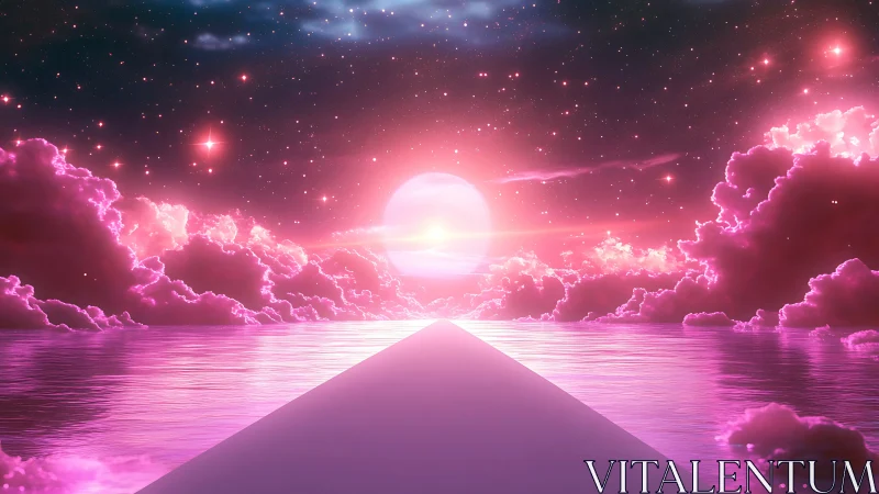 Dreamy pink horizon path under a glowing cosmic sunrise.