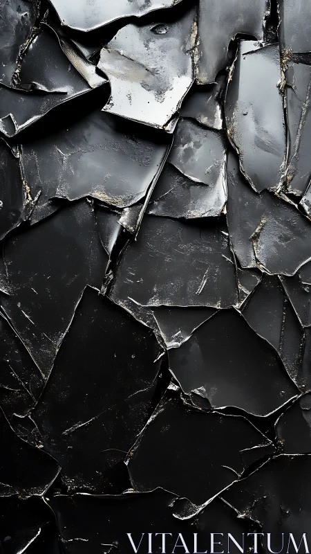 Fragmented black glossy surface with irregular cracked layers.