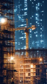 Urban construction site with crane and scaffolding at night.