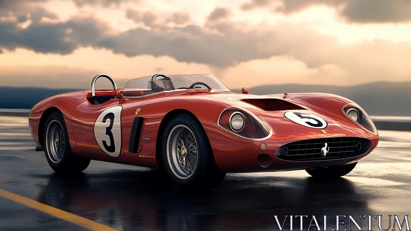 Scarlet vintage racer stalks the wet track at sundown.