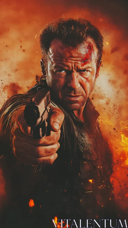 Intense action hero stands firm amid blazing explosions