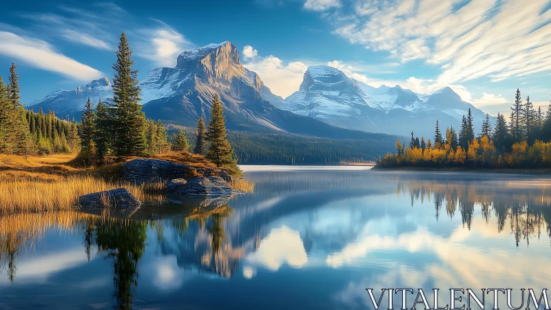 Snowcapped alpine peaks mirrored in tranquil autumn lake.