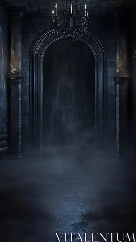 Dark stone hallway recedes beneath archway and chandelier