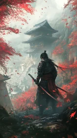 Digital painting of lone samurai before misty temple ascent.