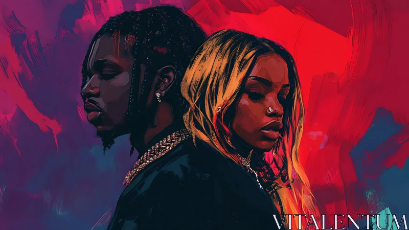 Digital portrait of two people in profile against vivid background.