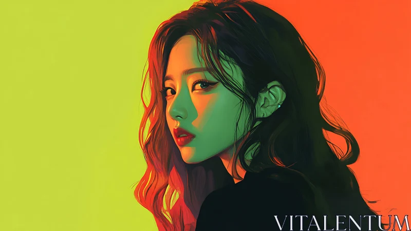 Digital portrait of woman against divided color background.